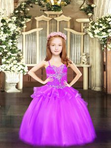 Attractive Floor Length Lilac Little Girl Pageant Dress Organza Sleeveless Beading