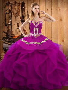 Hot Selling Fuchsia Lace Up Sweetheart Embroidery and Ruffles Sweet 16 Dress Organza Sleeveless