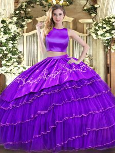 Tulle High-neck Sleeveless Criss Cross Embroidery and Ruffled Layers Quince Ball Gowns in Purple