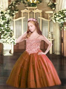 Cheap Ball Gowns Pageant Dress Toddler Rust Red Spaghetti Straps Tulle Sleeveless Floor Length Lace Up