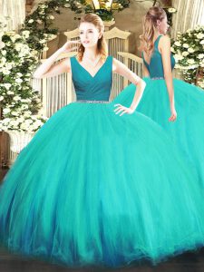 Luxury Aqua Blue Ball Gowns Tulle V-neck Sleeveless Beading Floor Length Zipper Sweet 16 Dress