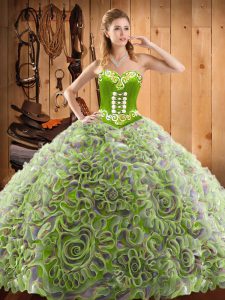 New Style Multi-color Sleeveless Satin and Fabric With Rolling Flowers Sweep Train Lace Up Ball Gown Prom Dress for Military Ball and Sweet 16 and Quinceanera