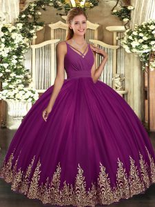 Floor Length Backless Sweet 16 Dresses Fuchsia for Military Ball and Sweet 16 and Quinceanera with Appliques