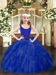 Tulle Scoop Sleeveless Zipper Beading and Ruffles Kids Pageant Dress in Royal Blue