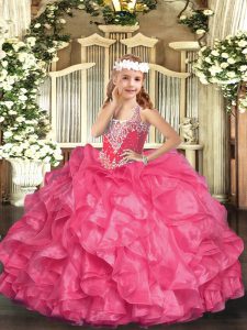 Latest Sleeveless Floor Length Beading and Ruffles Lace Up Custom Made Pageant Dress with Hot Pink