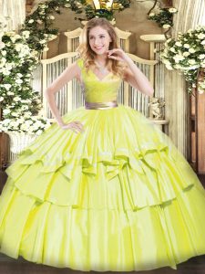 Sexy Yellow Green Sweet 16 Dress Military Ball and Sweet 16 and Quinceanera with Beading and Ruffled Layers V-neck Sleeveless Zipper