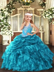Floor Length Lace Up Pageant Dress Toddler Teal for Party and Quinceanera with Beading and Ruffles and Pick Ups