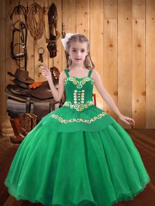Turquoise Little Girls Pageant Gowns Sweet 16 and Quinceanera with Embroidery and Ruffles Straps Sleeveless Lace Up