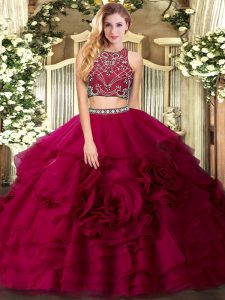 Modest Tulle High-neck Sleeveless Zipper Beading and Ruffled Layers Ball Gown Prom Dress in Fuchsia