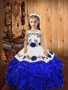 Straps Sleeveless Pageant Dress Wholesale Floor Length Embroidery and Ruffles Royal Blue Organza