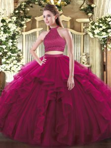 Colorful Two Pieces Quinceanera Gowns Fuchsia Halter Top Tulle Sleeveless Floor Length Backless