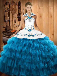 Fabulous Teal Ball Gowns Organza Halter Top Sleeveless Embroidery and Ruffled Layers Floor Length Lace Up Quinceanera Dress