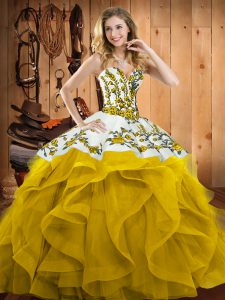 Yellow Sleeveless Satin and Organza Lace Up Quinceanera Gown for Military Ball and Sweet 16 and Quinceanera