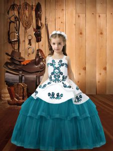Stylish Floor Length Teal Little Girls Pageant Gowns Tulle Sleeveless Embroidery
