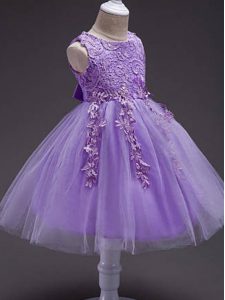 Unique Lavender Tulle Zipper Pageant Gowns For Girls Sleeveless Knee Length Lace and Belt