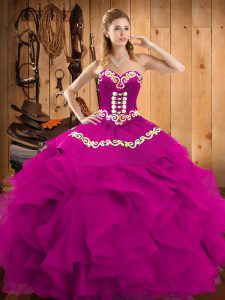 Fabulous Fuchsia Ball Gowns Sweetheart Sleeveless Satin and Organza Floor Length Lace Up Embroidery and Ruffles Quince Ball Gowns