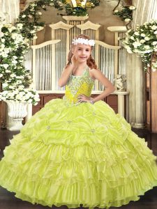 Custom Designed Yellow Green V-neck Neckline Beading and Ruffled Layers and Pick Ups Pageant Dress for Womens Sleeveless Lace Up