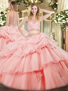 Super Pink Tulle Zipper High-neck Sleeveless Floor Length Ball Gown Prom Dress Beading and Ruffles