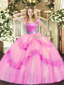 Suitable Floor Length Zipper 15 Quinceanera Dress Rose Pink for Military Ball and Sweet 16 and Quinceanera with Beading and Appliques