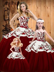 Wine Red Sleeveless Tulle Lace Up Sweet 16 Dresses for Military Ball and Sweet 16 and Quinceanera