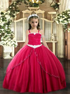 Eye-catching Coral Red Ball Gowns Straps Sleeveless Tulle Sweep Train Lace Up Appliques Kids Pageant Dress
