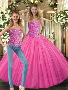 Glamorous Hot Pink Ball Gowns Sweetheart Sleeveless Tulle Floor Length Lace Up Beading Quinceanera Dress