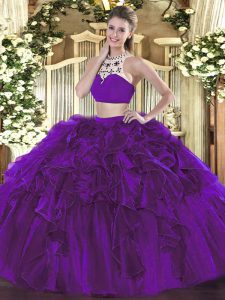 High-neck Sleeveless Backless Ball Gown Prom Dress Eggplant Purple Tulle