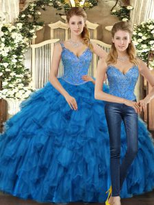 Most Popular Teal Straps Lace Up Beading and Ruffles Ball Gown Prom Dress Sleeveless