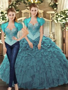 Straps Sleeveless Lace Up 15 Quinceanera Dress Teal Tulle