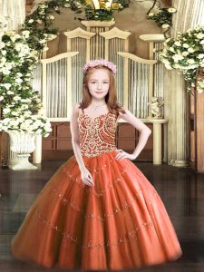 Popular Rust Red Sleeveless Floor Length Beading Lace Up Little Girls Pageant Dress
