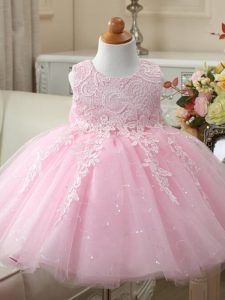 Excellent Sleeveless Knee Length Appliques and Bowknot Zipper Pageant Dress for Womens with Baby Pink