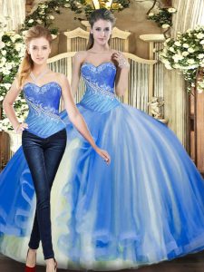 Eye-catching Baby Blue Ball Gowns Beading Quinceanera Gown Lace Up Tulle Sleeveless Floor Length