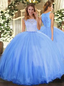 Affordable Baby Blue Scoop Neckline Lace Quince Ball Gowns Sleeveless Clasp Handle