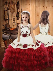 Elegant Ball Gowns Little Girls Pageant Dress Red Straps Organza Sleeveless Floor Length Lace Up