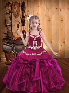 Adorable Fuchsia Lace Up Straps Embroidery and Ruffles Pageant Dress Womens Organza Sleeveless