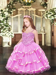 Custom Designed Floor Length Ball Gowns Sleeveless Rose Pink Little Girl Pageant Dress Lace Up