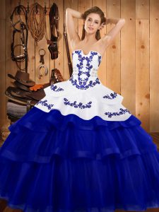 Amazing Strapless Sleeveless Ball Gown Prom Dress Sweep Train Embroidery and Ruffled Layers Royal Blue Tulle