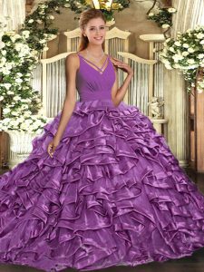 Floor Length Lilac Sweet 16 Dresses Taffeta Sleeveless Beading and Ruffles
