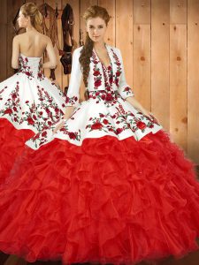 Latest Red Sweetheart Lace Up Embroidery and Ruffles Party Dresses Sleeveless