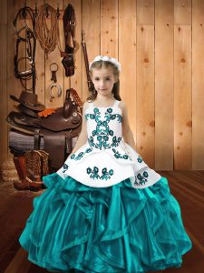 Fantastic Ball Gowns Little Girls Pageant Dress Teal Straps Organza Sleeveless Floor Length Lace Up