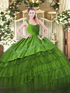 Satin and Organza Straps Sleeveless Zipper Ruffled Layers Quinceanera Dresses in Olive Green