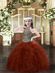 Dazzling Rust Red Organza Lace Up Child Pageant Dress Sleeveless Floor Length Beading and Ruffles