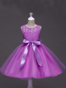 Lilac Ball Gowns Scoop Sleeveless Tulle Knee Length Zipper Lace and Belt High School Pageant Dress