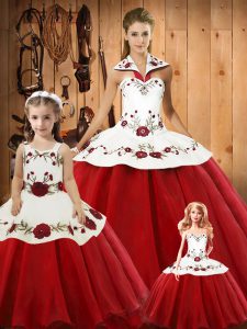 Wine Red Ball Gowns Embroidery 15th Birthday Dress Lace Up Satin and Tulle Sleeveless Floor Length