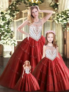 Wine Red Tulle Lace Up Sweet 16 Dresses Sleeveless Floor Length Beading