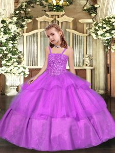 Fantastic Floor Length Lace Up Pageant Dress for Girls Lilac for Sweet 16 and Quinceanera with Beading and Ruffled Layers