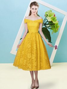 Charming Gold Lace Up Off The Shoulder Bowknot Quinceanera Court Dresses Lace Cap Sleeves