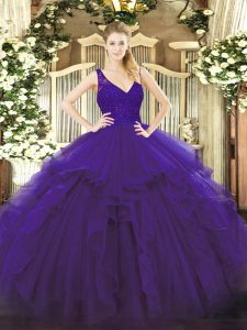 Dazzling V-neck Sleeveless Organza Sweet 16 Dresses Beading and Lace and Ruffles Backless