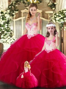 Sleeveless Tulle Floor Length Lace Up Vestidos de Quinceanera in Red with Beading and Ruffles