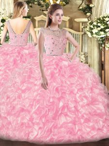 Floor Length Ball Gowns Sleeveless Rose Pink Sweet 16 Dresses Zipper